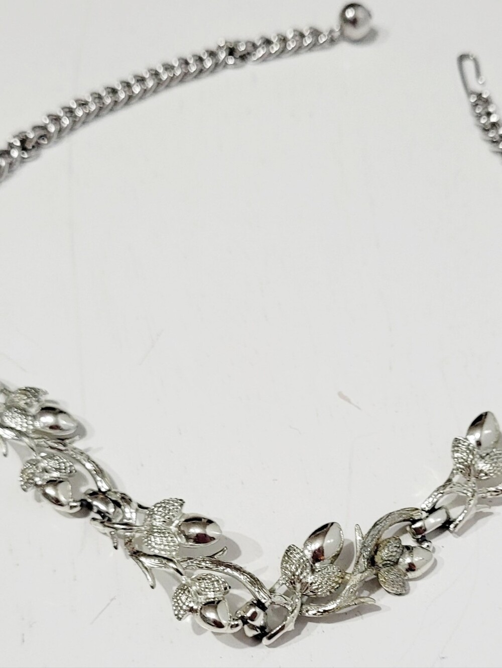 Vintage Signed Coro Silver Tone Acorn & Oak Leaf Choker Necklace 1950s